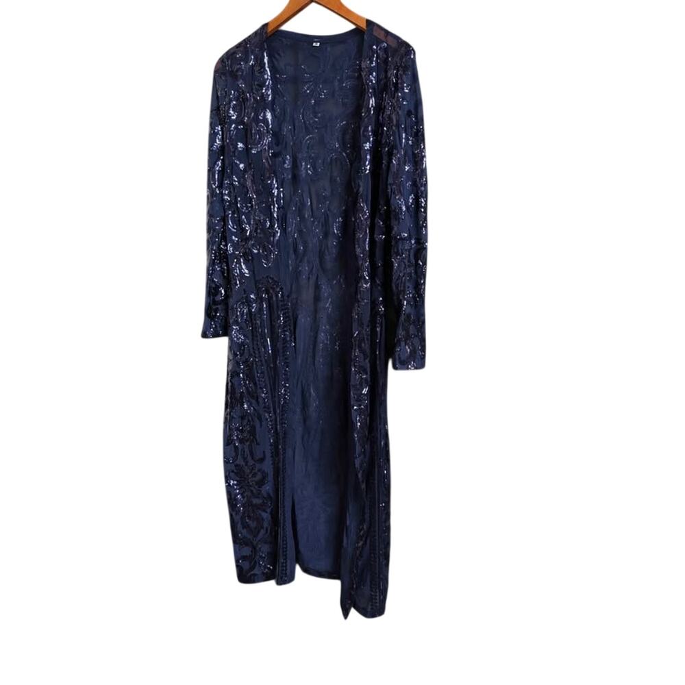 Sequin Mesh Duster Cardigan Navy Long Open Front Sheer Evening Cover Up Medium